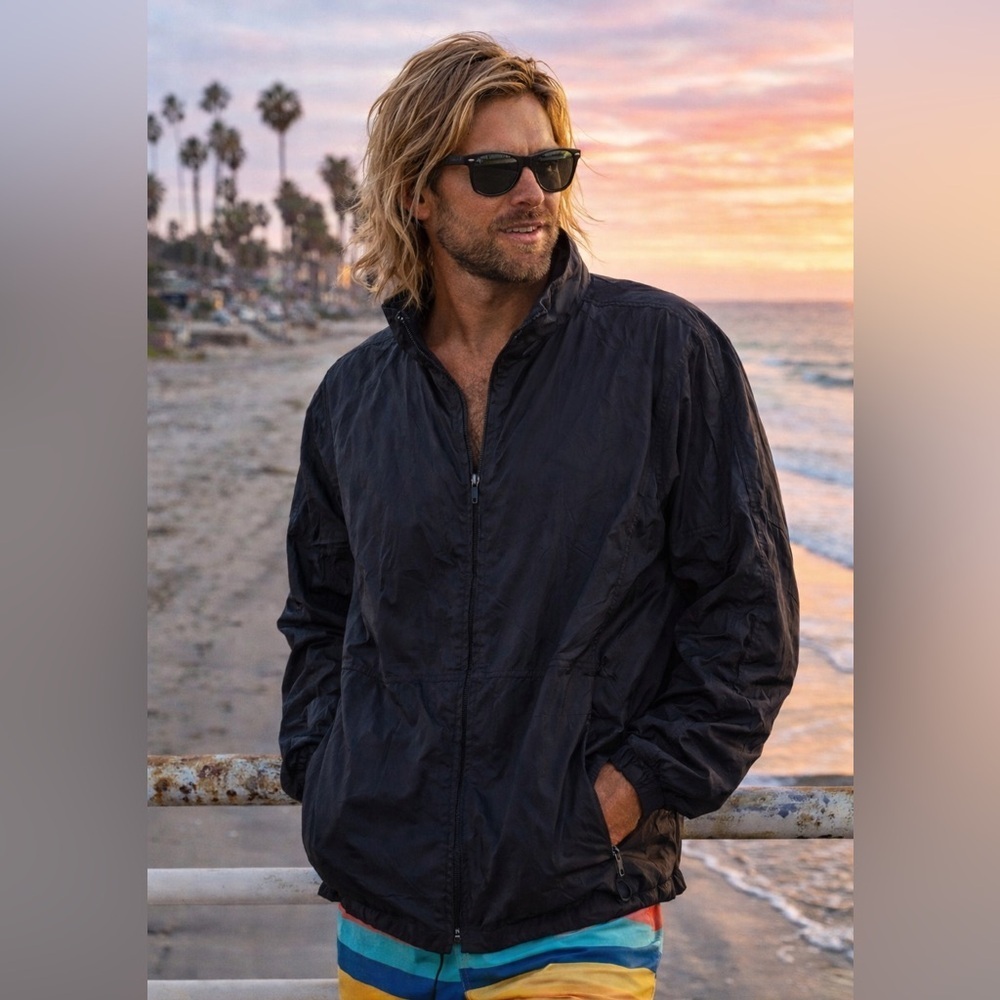 Vintage Hobie Black Surf Windbreaker Jacket Retro California Surf Style Size L